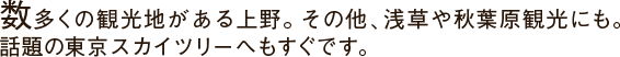 数多くの観光地がある上野。その他、浅草や秋葉原観光にも。話題の東京スカイツリーへもすぐです。